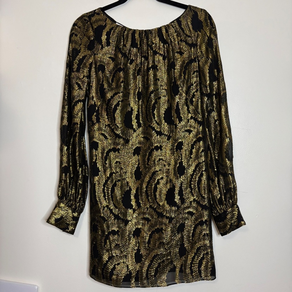 Milly New York Black Gold Metallic‎ Silk Long Sleeve Dress with Tie Back Size 6